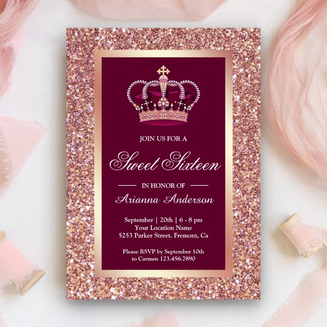 Rose Gold Glitter Pink Princess Sweet Sixteen Invitation (Creator Uploaded)
