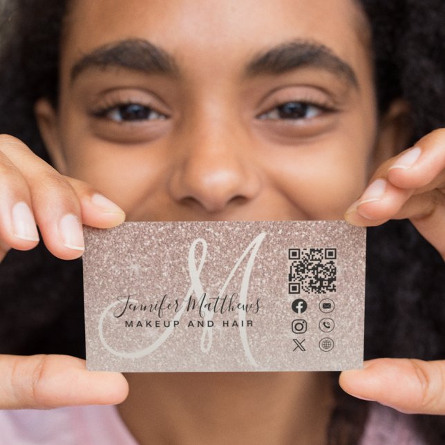 Rose Gold Glitter Pink QR Code Makeup Hair Business Card (Creator Uploaded)