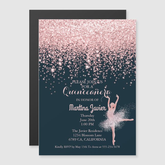 Rose Gold Glitter Pink Quinceañera 15th Birthday Magnetic Invitation (Front/Back)