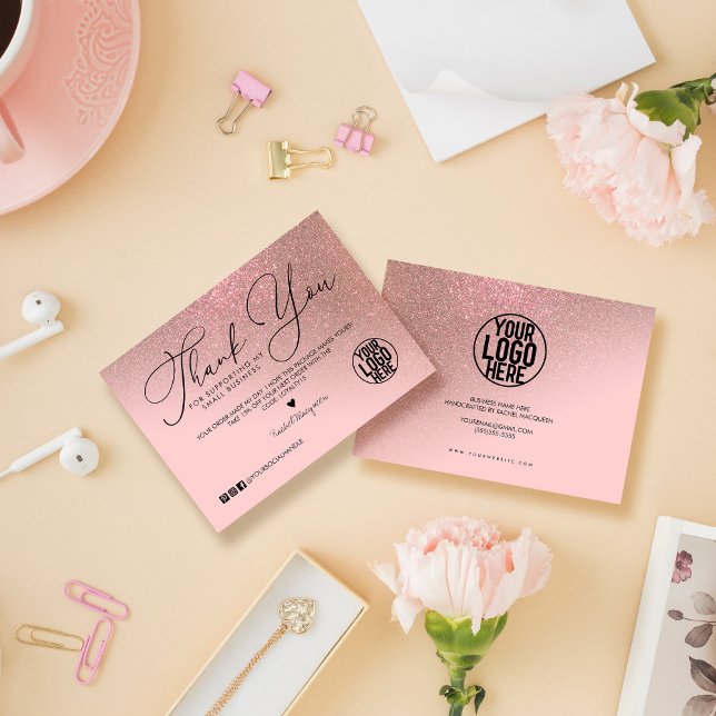 Rose Gold Glitter Pink Script Customer Thank You Business Card (Creator Uploaded)