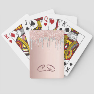 Rose gold glitter pink silver monogram initials playing cards