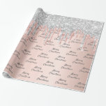 Rose gold glitter pink silver sparkle Christmas Wrapping Paper<br><div class="desc">Elegant,  classic,  glamourous and feminine style party wrapping paper. A girly pink,  rose gold background decorated with faux rose gold and silver glitter drips.
The text: Merry Christmas is written with a modern hand lettered style script. Grey letters.</div>