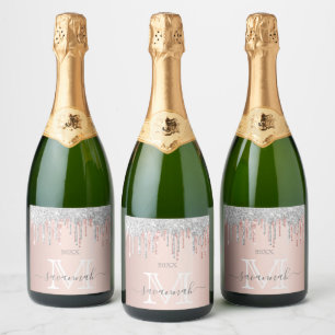 Rose gold glitter pink silver sparkle monogram sparkling wine label