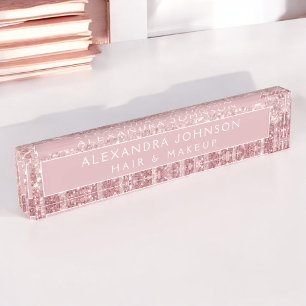 Rose Gold Glitter Pink Sparkle Hair Makeup Nameplate