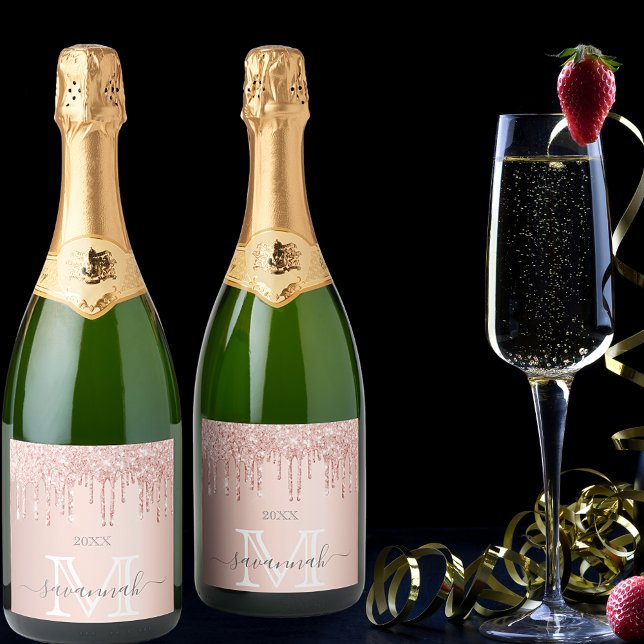 Rose gold glitter pink sparkle monogram glam sparkling wine label (Creator Uploaded)