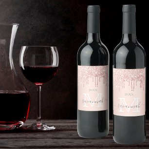 Rose gold glitter pink sparkle monogram wine label