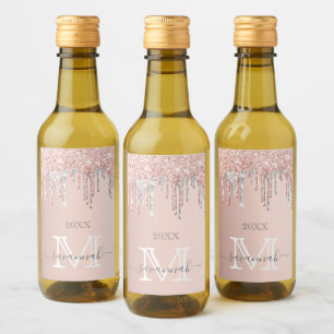 Rose gold glitter pink sparkle silver monogram wine label