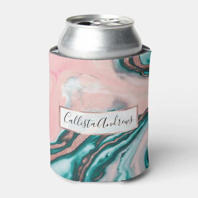 Rose Gold Glitter Pink Teal Swirly Painted Marble Can Cooler (Can Front)