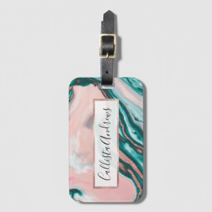 Rose Gold Glitter Pink Teal Swirly Painted Marble Luggage Tag