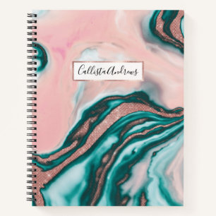 Rose Gold Glitter Pink Teal Swirly Painted Marble Notebook