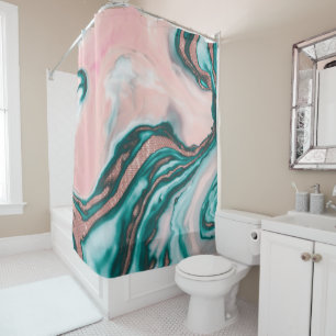 Rose Gold Glitter Pink Teal Swirly Painted Marble Shower Curtain
