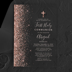 Rose Gold Glitter Pink Text First Holy Communion Acrylic Invitations
