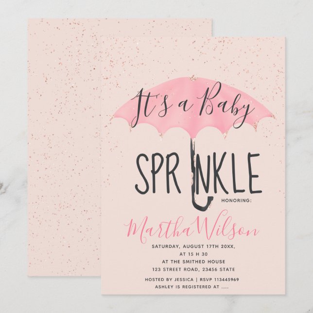 Rose Gold glitter pink umbrella chic baby sprinkle Invitation (Front/Back)