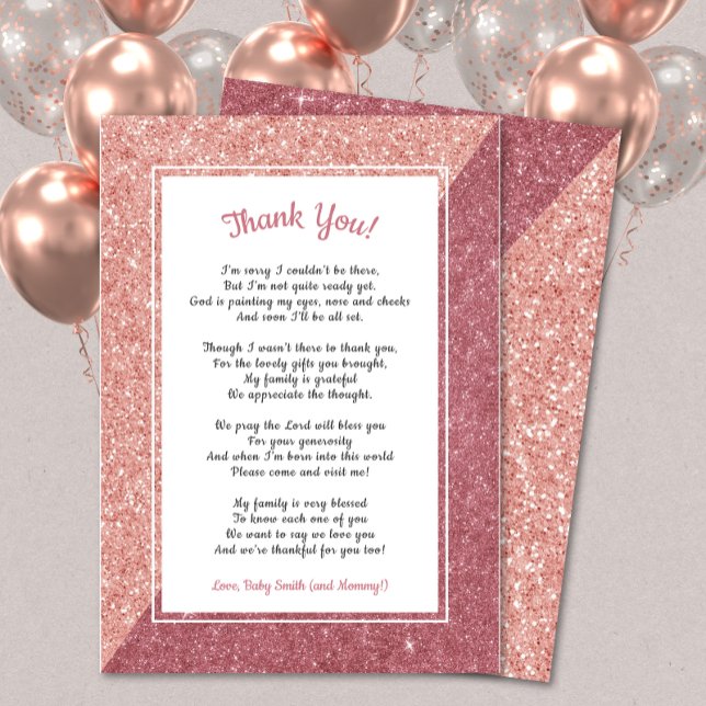 Rose gold glitter poem baby shower thank you note card (Creator Uploaded)