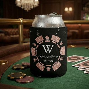 Rose Gold Glitter Poker Chip Casino Wedding Can Cooler