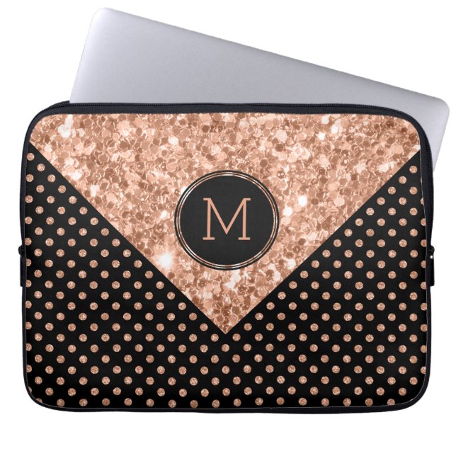 Rose-Gold Glitter & Polka Dots Geometric Design Laptop Sleeve (Front)