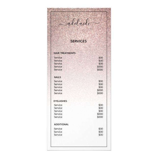 Rose Gold Glitter Price List Salon Service Menu (Back)