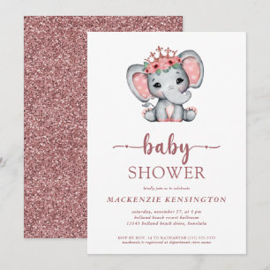 Rose Gold Glitter Princess Elephant Baby Girl Invitation