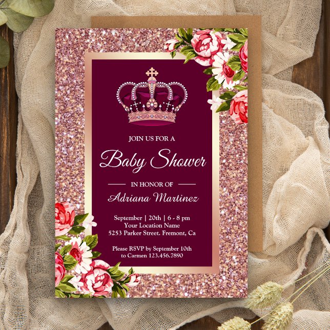 Rose Gold Glitter Princess Pink Floral Baby Shower Invitation (Creator Uploaded)