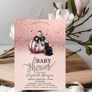 Rose Gold Glitter Pumpkin Black Cat Baby Shower Invitation