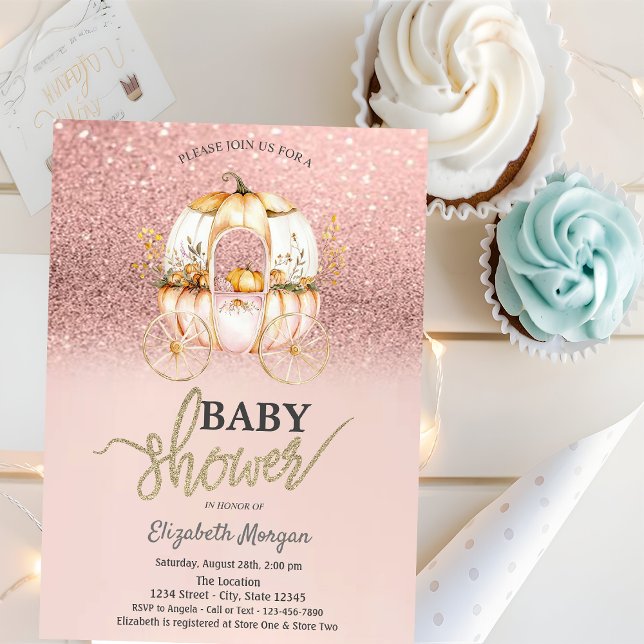 Rose Gold Glitter Pumpkin Carriage Baby Shower Invitation (Creator Uploaded)