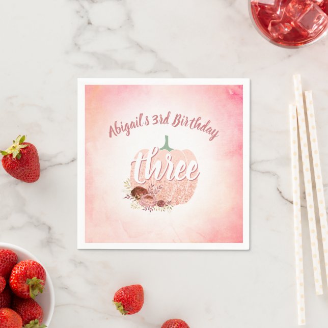 Rose Gold Glitter Pumpkin Fall Girls 3rd Birthday  Napkin (Insitu)