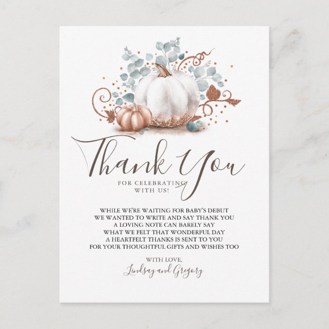 Rose Gold Glitter Pumpkins and Greenery Thank You Postcard (Front)