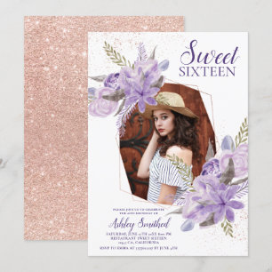 Rose gold glitter purple floral photo Sweet 16 Invitation