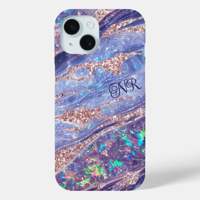  Rose Gold Glitter Purple Opal Gem Marble Monogram Case-Mate iPhone Case (Back)