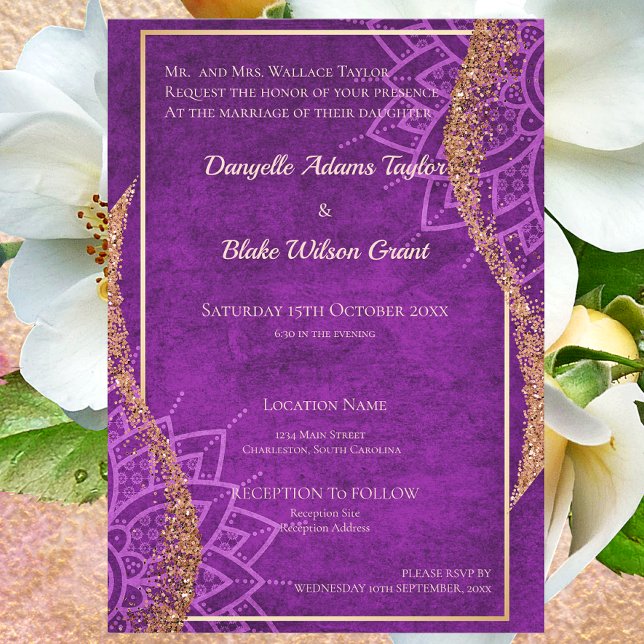 Rose Gold Glitter Purple Wedding Invitation (Creator Uploaded)