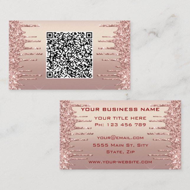 Rose Gold Glitter QR Code Business Cards Example (Front/Back)