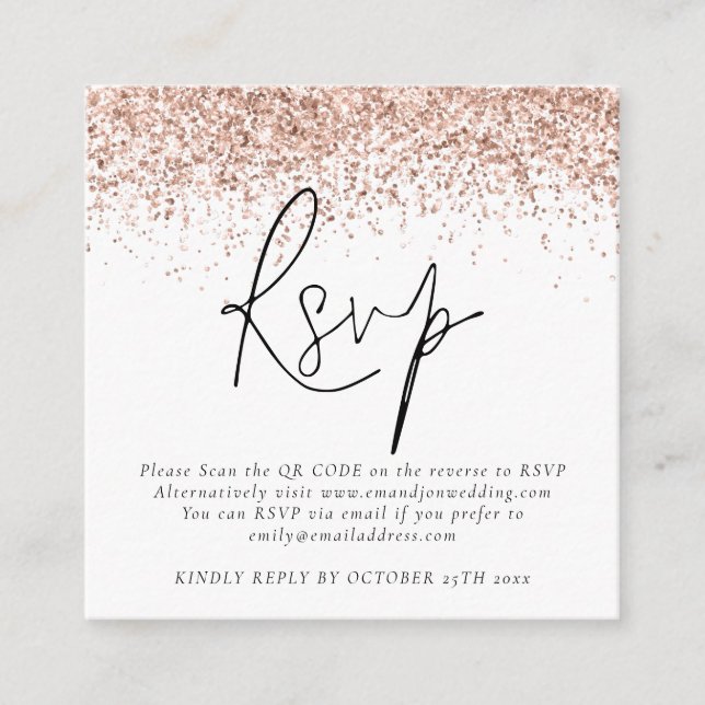 Rose Gold Glitter QR Code Script Wedding RSVP Enclosure Card (Front)