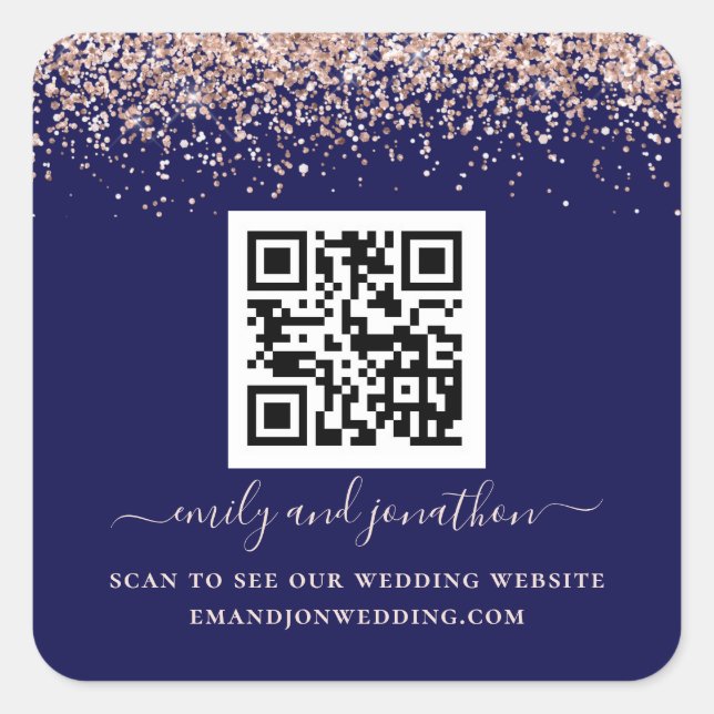 Rose Gold Glitter QR Code Wedding Website Navy Square Sticker (Front)