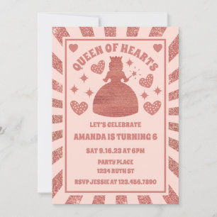 Rose Gold Glitter Queen Of Hearts Birthday Invitation