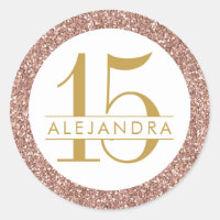 Rose Gold Glitter Quince Años Favour Sticker Label