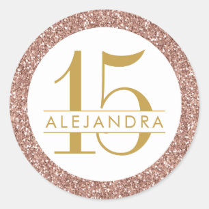 Rose Gold Glitter Quince Años Favour Sticker Label
