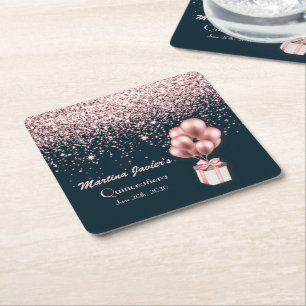 Rose Gold Glitter Quinceañera15th Birthday Balloon Square Paper Coaster