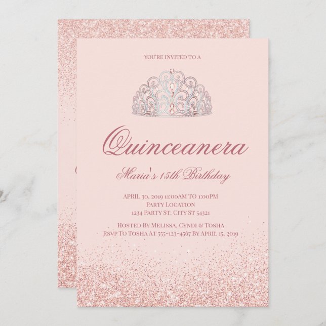 Rose Gold Glitter Quinceanera Invitations (Front/Back)