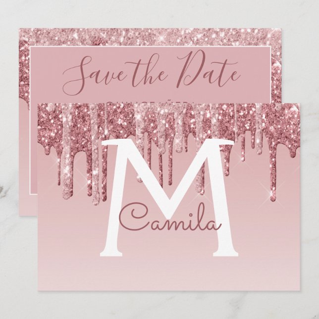 Rose Gold Glitter Quinceanera Save the Date Invitation (Front/Back)