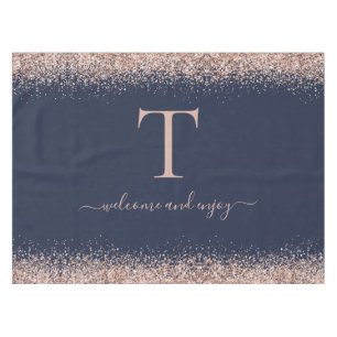 Rose Gold Glitter Quote Monogram Initial Navy Blue Tablecloth