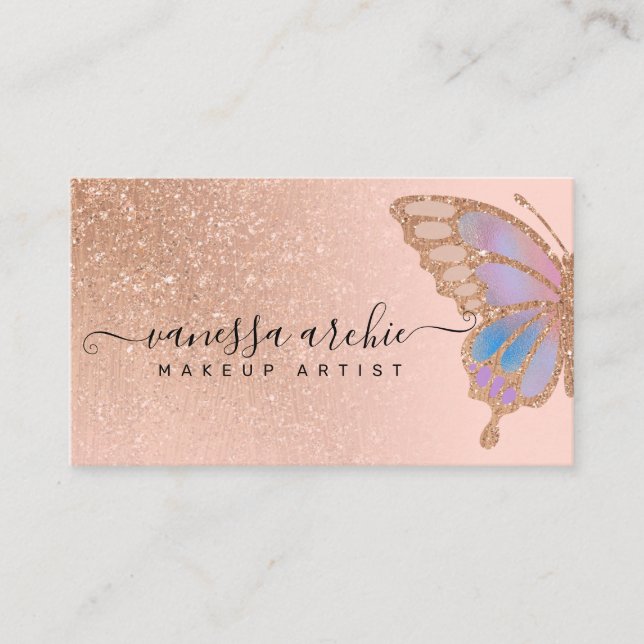 Rose Gold Glitter Rainbow Buttefly Logo Business C Card (Front)