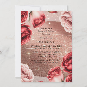 Rose Gold Glitter & Red Roses Brunch & Bubbly Invitation