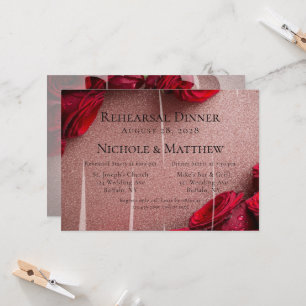 Rose Gold Glitter & Red Roses Engagement Party Invitation