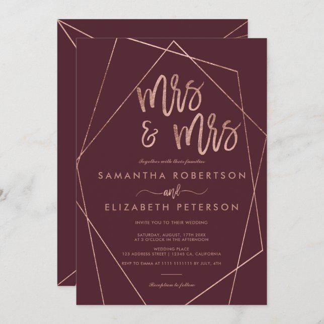 Rose gold glitter red terrarium lesbian wedding invitation (Front/Back)