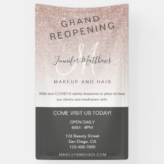 Rose Gold Glitter Reopening Salon COVID Safety Banner