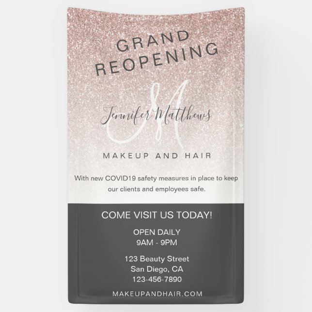 Rose Gold Glitter Reopening Salon COVID Safety Banner (Vertical)