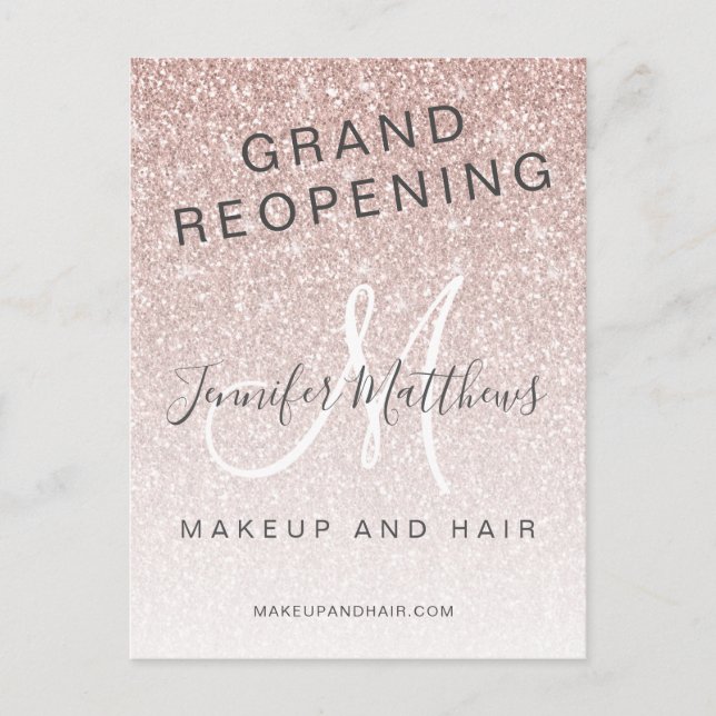 Rose Gold Glitter Reopening Salon COVID Safety Postcard (Front)