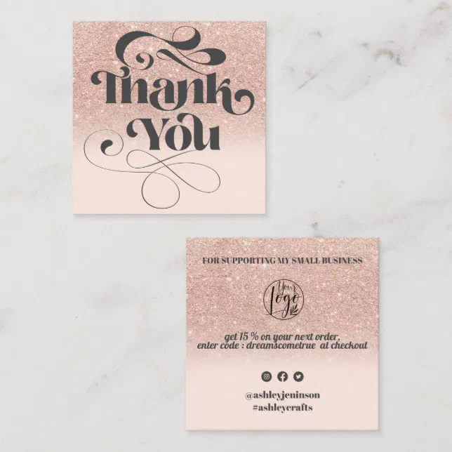 Rose gold glitter retro script order thank you square business card ...