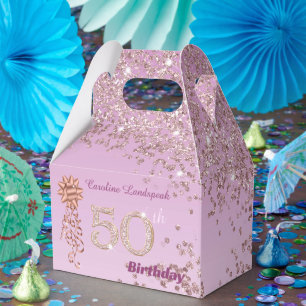 Rose Gold Glitter & Ribbon 50th Birthday Favour Box