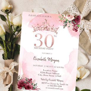 Rose Gold Glitter Roses Crown 30th Birthday Invitation